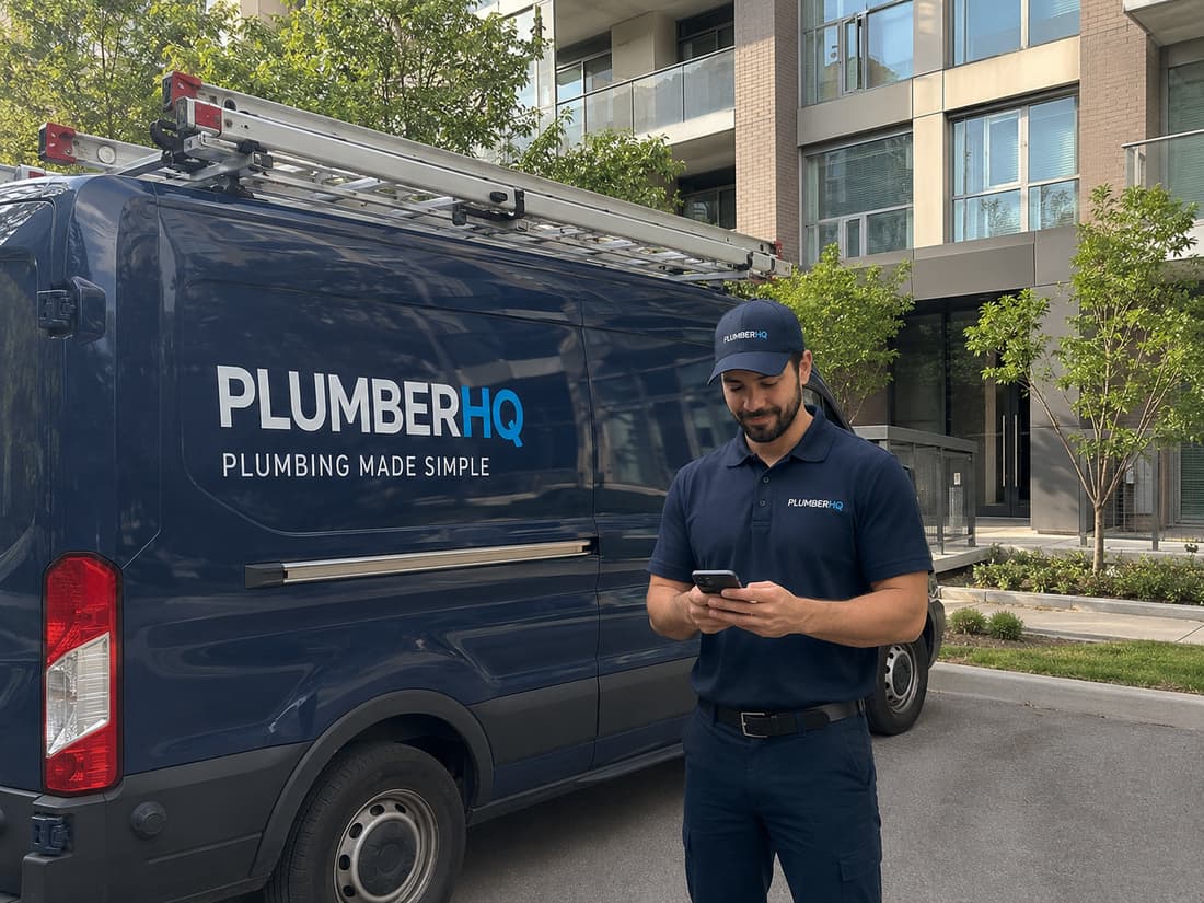PlumberHQ plumber beside a branded service van in Toronto